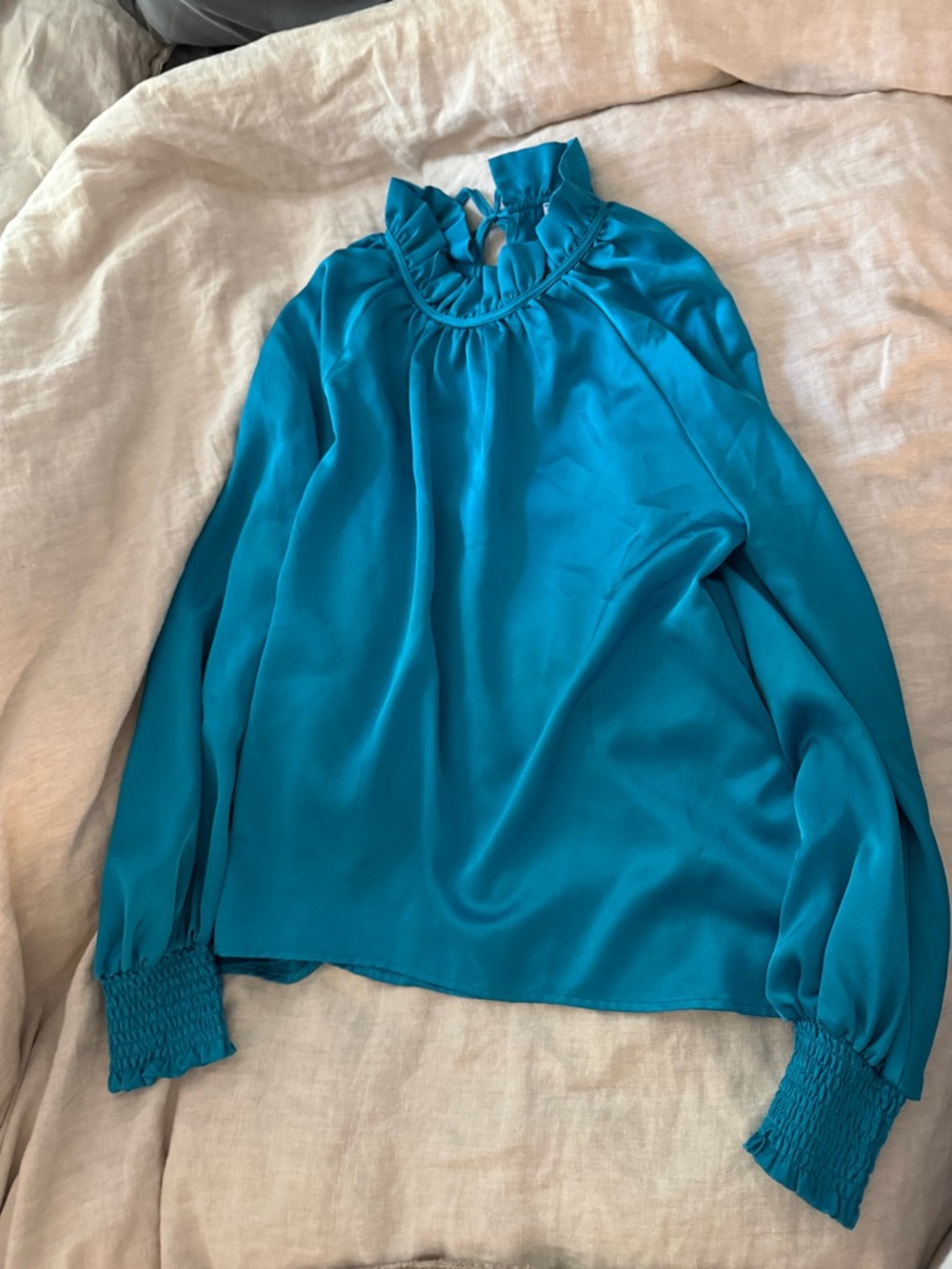 Teal Satin Ruffled Mock Neck Blouse - Women Tops